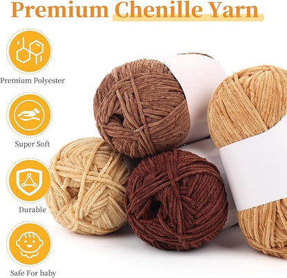 Coopay Skinny Chenille Yarn for Crocheting and Knitting, 12 Pack of 50g/1.76oz - 1764yd Total, Soft Velvet Yarn of Baby Weights - Suitable for Baby Blankets, Plush Toys - Super Soft (Brown Gradient)