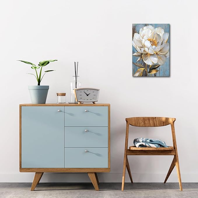 WENGTIAO Rustic White Flower Canvas Wall Art Blue Blooming Peony Floral with Gold Edges Print Pictures Posters Modern Framed Artwork for Bedroom Living Room Bathroom Office Kitchen 12x16in