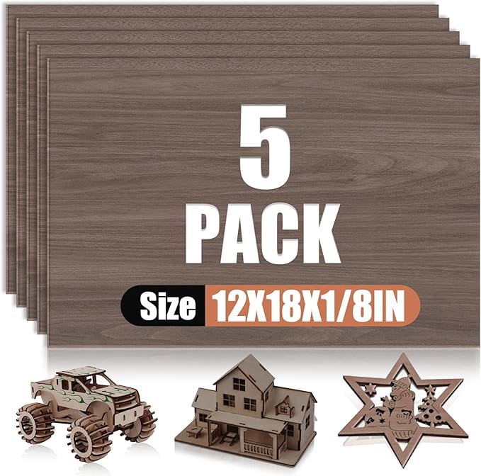 5 Pack Walnut Plywood Sheets 12x18x1/8 Inch, 3mm Plywood for Laser Cutting & Engraving, Unfinished Wood for Crafts, Wood Burning, Architectural Models.