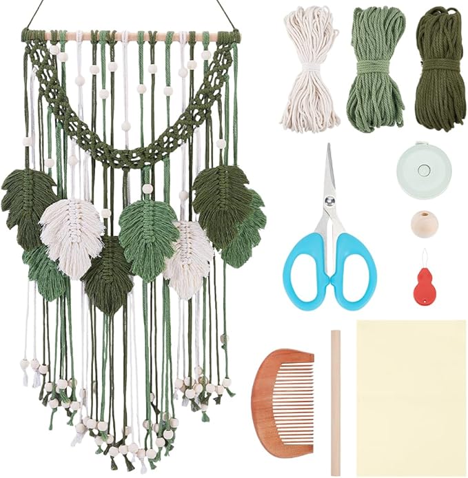 ORIGACH DIY Macrame Monstera Wall Hanging Kit for Beginner Adults, Easy Macrame Leaves Wall Hanging kit with Instruction Boho Macrame Tapestry for Living Room Bedroom Decor, Beige Green and Dark Green