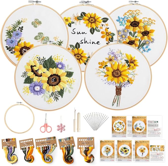 5 Pack embroidery kit for beginners Adults DIY Starter Kit,Sunflower Gifts for Women Cross Stitch Kits with Flower Stamped Patterns, Embroidery Hoop, Tools,Colorful Threads,Hand Craft Lover Gift