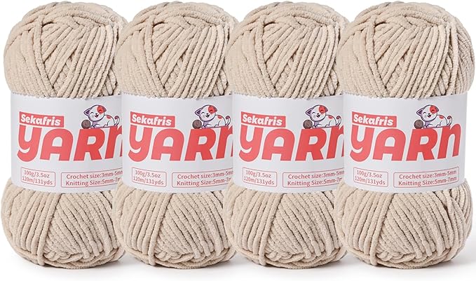 4 Pack Plush Chunky Chenille Yarn for Crocheting, Soft Fluffy Velvet Yarn for Crocheting Amigurumi, Fuzzy Baby Blanket Knitting 400g/524yds Bulky(4 Light Khaki)