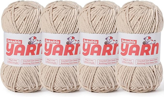 4 Pack Plush Chunky Chenille Yarn for Crocheting, Soft Fluffy Velvet Yarn for Crocheting Amigurumi, Fuzzy Baby Blanket Knitting 400g/524yds Bulky(4 Light Khaki)