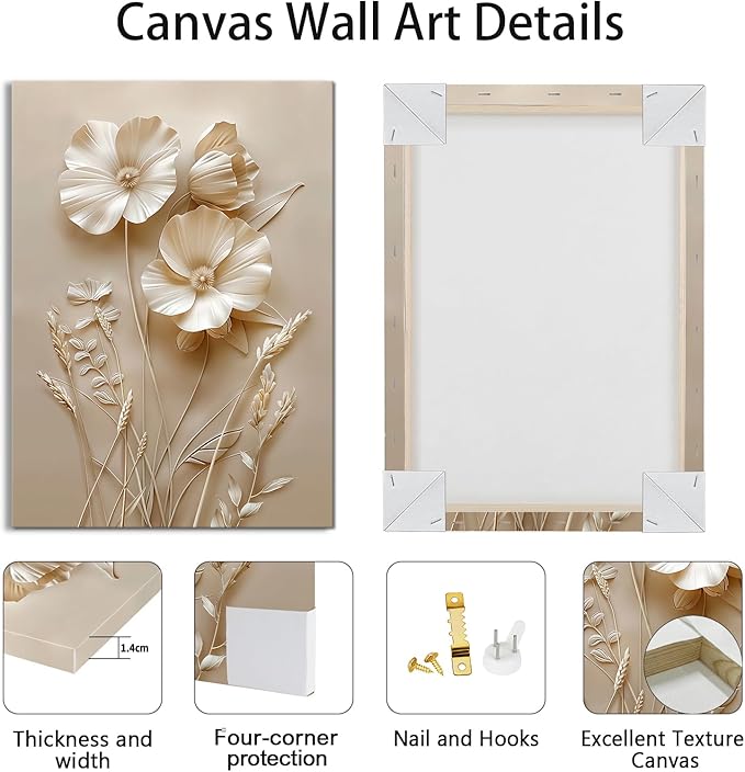 WENGTIAO 3Pcs Beige Flower Canvas Wall Art Prints Neutral Floral Plant Wall Painting Minimalist Botanical Blossom Poster Picture Vintage Artwork Home Decor for Living Room Bedroom Office 12”x16”x3Pcs
