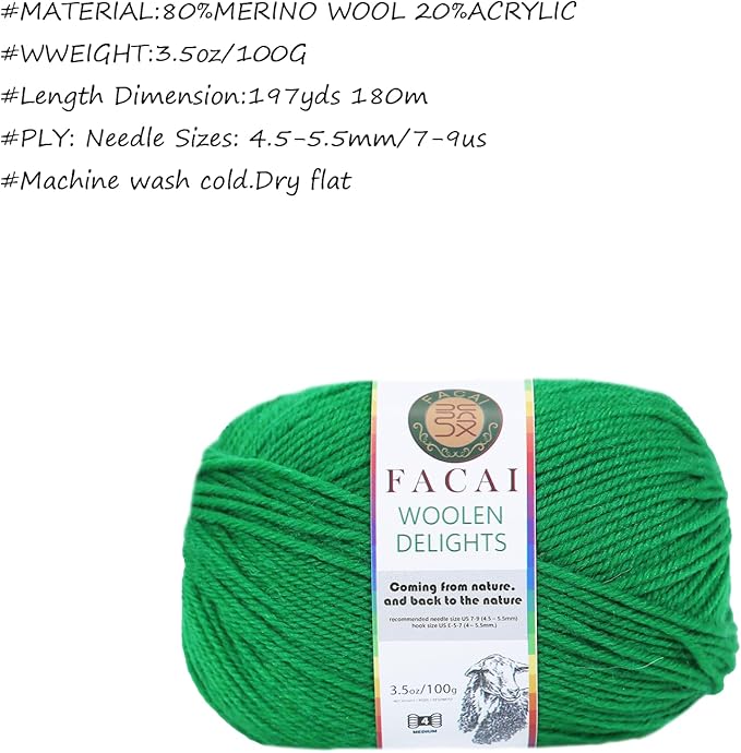 Facai Blend Merino Wool Yarn for Knitting - Worsted Weight,197yds (3.5oz) Ball, Ideal for Sweaters, Scarves, and Accessories (1, Greener)