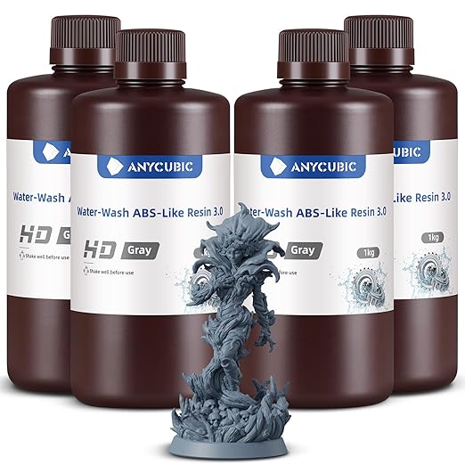 ANYCUBIC Water Washable ABS-Like Resin 3.0 Bundle, 3D Printer Resin, High Toughness and High Precision, Easy to Post-Process, Low Odor, Wide Compatibility for All LCD 3D Printers (HD Grey, 4kg)