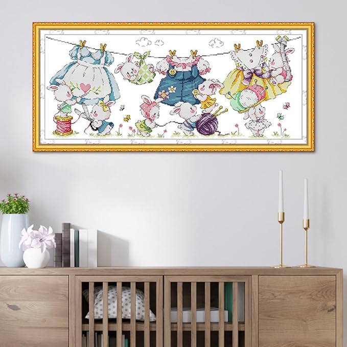 Qeerysew Cross Stitch Kit Stamped Full Range of Embroidery Starter Kits for Beginners DIY- Printed kit Sewing Rabbit Sunbathing(Printed) 11CT30.3×14.2 inches