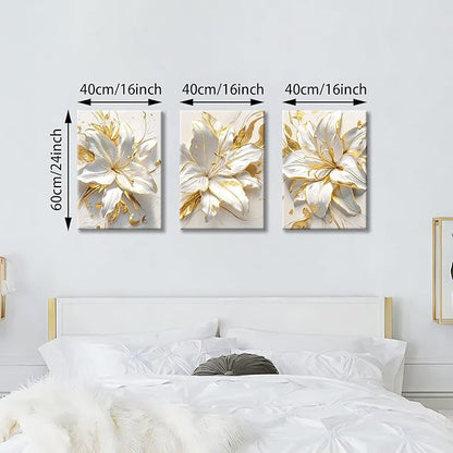 WENGTIAO 3Pcs Elegant White Lily Flowers Canvas Wall Art Boho White Floral Gold Edges Prints Pictures Paintings Beige Blossom Artwork for Living Room Bedroom Office Bathroom 16”x24 x3