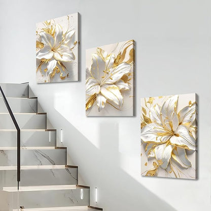 WENGTIAO 3Pcs Elegant White Lily Flowers Canvas Wall Art Boho White Floral Gold Edges Prints Pictures Paintings Beige Blossom Artwork for Living Room Bedroom Office Bathroom 20”x28 x3