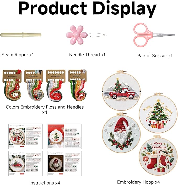 TPZBWG Christmas Embroidery Kit, 4 Pack Cross Stitch Kits,DIY Embroidery Starter Kit for Adults & Beginners, DIY Needlepoint Kit with Embroidery Hoop Thread Needle for Craft Lover Birthday Gifts 1
