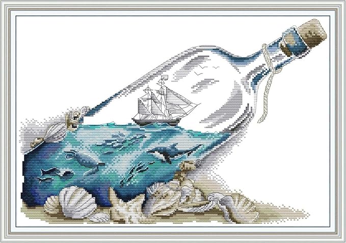 Funcrostitch Counted Cross Stitch Kits for Beginners,14ct Unprinted Pattern Embroidery Kit Dmc Cotton Threads Needleworks for Adults-Sea in A Bottle 16.5"×11.8"
