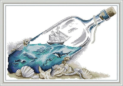 Funcrostitch Counted Cross Stitch Kits for Beginners,14ct Unprinted Pattern Embroidery Kit Dmc Cotton Threads Needleworks for Adults-Sea in A Bottle 16.5"×11.8"
