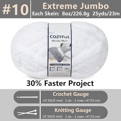 Chunky Yarn for Hand Knitting - #10 Chunky Chenille Yarn, Jumbo Big Thick Chunky Yarns for Crocheting, Super Bulky Chunky Knit Blanket Yarns, 8 Skein (25 yds 8 oz Each Skein), Pure White