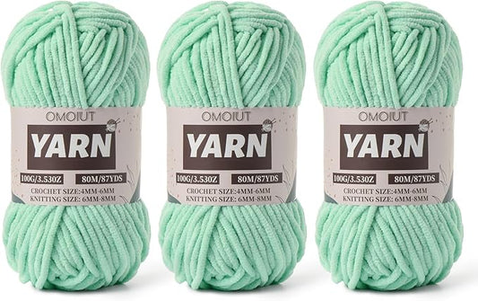 Fluffy Chenille Yarn for Crocheting - Baby Yarn for Crocheting Soft Blanket - 3 Pack of 100g/(87.4yds) Crochet Amigurumi Chunky Yarns - Super Bulky 5 Velvet Yarns (3 Aqua Green)