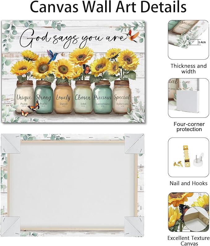 WENGTIAO Christian Sunflower Canvas Wall Art Print God Says You Are Picture Bible Verse Poster Inspirational Scripture Painting Mason Jar Flower Wall Decor Quotes Artwork for Living Room Bedroom 16x24 inch