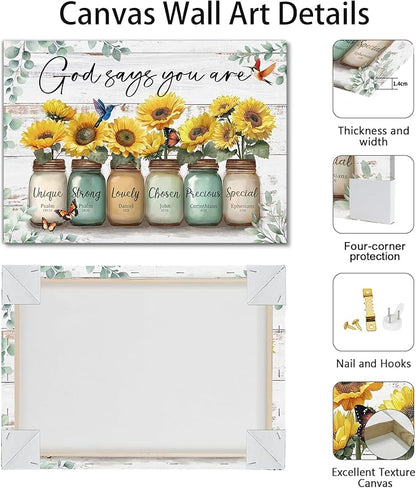 WENGTIAO Christian Sunflower Canvas Wall Art Print God Says You Are Picture Bible Verse Poster Inspirational Scripture Painting Mason Jar Flower Wall Decor Quotes Artwork for Living Room Bedroom 16x24 inch