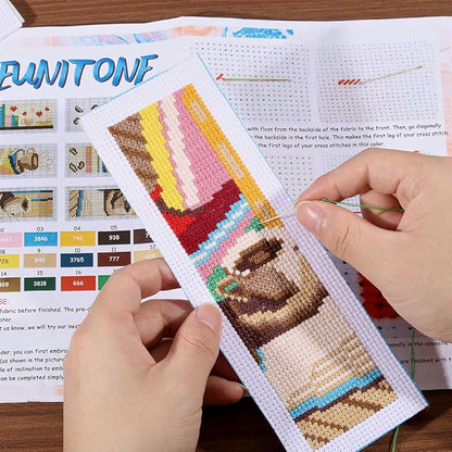 ORIGACH 6 Pcs Cross Stitch Bookmark Kit for Beginner with Backing Felt Floss Instruction Coffee and Books Stamped Embroidery Bookmark Kit for Starters Adults Book Lovers