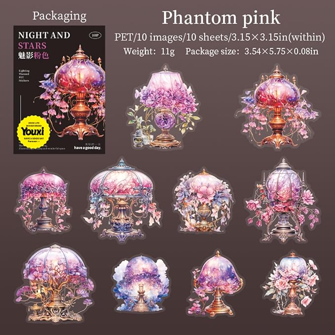 50 Pieces Vintage Lighting Aesthetic Stickers, PET Scrapbooking Decals for Bullet Journals, Planners, Card Making, Laptops, and Adult DIY Arts & Crafts (5 Pack)