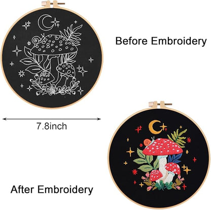 Nuberlic Mushroom Embroidery Kits for Beginner Adults Cross Stitch Kit with Stamped Pattern Include Cloth Hoops Threads Needles