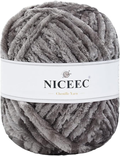 NICEEC 300g Soft Chenille Yarn Blanket Velvet Yarn for Knitting, Crochet, Weaving DIY Craft Total Length 150m (164yds)_Light Grey