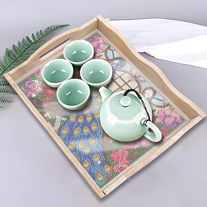 DIY Diamond Art Wooden Tray Kit, Food Tray with Handle Diamond Painted Table Decoration Tray, for Breakfast, Bar Dinner Table Diamond Dots Gem Painting Art Set for Beginners (#03-Peafowl)