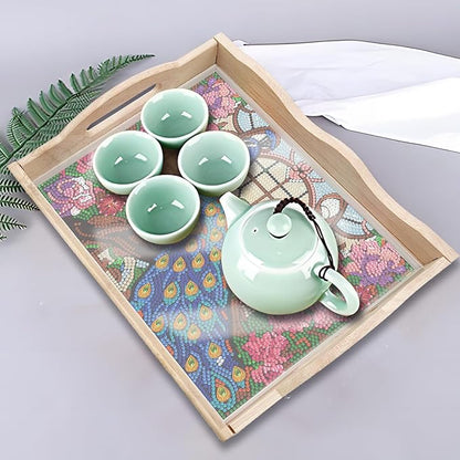 DIY Diamond Art Wooden Tray Kit, Food Tray with Handle Diamond Painted Table Decoration Tray, for Breakfast, Bar Dinner Table Diamond Dots Gem Painting Art Set for Beginners (#03-Peafowl)
