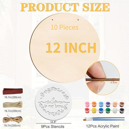 12 Inch Wood Circles for Crafts, 10Pcs Unfinished Wood Rounds with 9Pcs Welcome Stencils & 12Pcs Painting, DIY Wooden Crafts for Door Hanger, Wood Burning, Painting, Thanksgiving Day Christmas Decor
