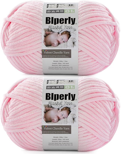 6 Super Bulky Velvet Chenille Yarn for Crocheting - 2 Skein of 200g/7 oz - Ultra Soft Heavy Weight Chunky Knitting Yarn for Baby Blankets, Amigurumi, Home Decor（Pale Pink，2 Skein）