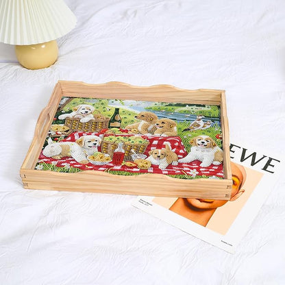 DOTSOPS Diamond Art Painting Wooden Serving Trays with Handles Tray with Handles Gem for Parties Home Decor (7.8x11.8 Inches)