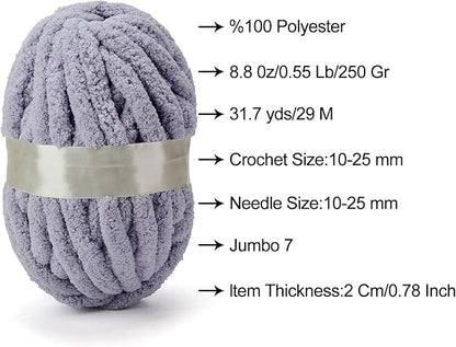 ERLYEEN Chenille Chunky Yarn Super Bulky Soft Thick Fluffy Jumbo Giant Washable Polyester Big Yarn DIY for Arm Knit Blanket Cushion Bed Sofa Home Decor,Light Grey,0.55LB