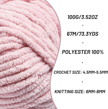 Chunky Chenille Yarn for Crocheting，Baby Yarn for Crocheting Soft Blankets，Bulky Yarns for Crochet Amigurumi，3×100g (3×74.3yds) Fluffy Velvet Yarns for Hand Knitting (3 Pink)