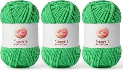 3 Pack Christmas Green Chunky Chenille Yarn for Crocheting, Bulky Velvet Yarns for Crochet, Baby Yarn for Crocheting Soft Blanket, 393 yds/10.5 oz Fluffy Amigurumi Crochet Yarn