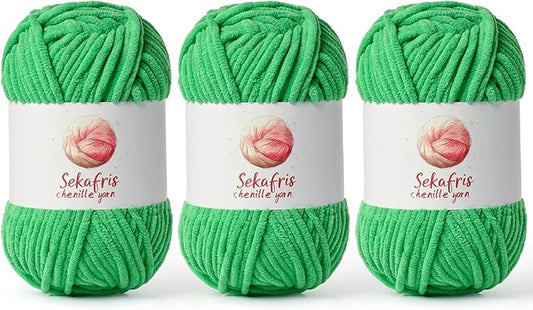 3 Pack Christmas Green Chunky Chenille Yarn for Crocheting, Bulky Velvet Yarns for Crochet, Baby Yarn for Crocheting Soft Blanket, 393 yds/10.5 oz Fluffy Amigurumi Crochet Yarn