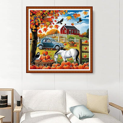 Joyhoor Stamped Cross Stitch Kits for Beginners Needlepoint Kits for Adults Embroidery Kits 11CT Counted Cross Stitch Kits Printed Embroidery Pattern- Autumn Scenery at Home 18x18 inchs