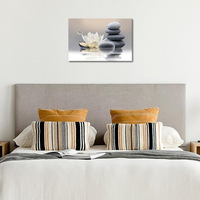 Zen Stone Framed Canvas Wall Art, White Flower and Yellow Butterfly on Lake Wall Paintings for Bathroom Living Room Bedroom Modern Spiritual Yoga Spa Canvas Prints Picture Wall Decor Artwork 16x24 inch
