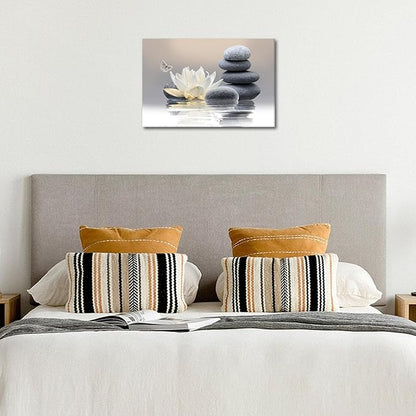 Zen Stone Framed Canvas Wall Art, White Flower and Yellow Butterfly on Lake Wall Paintings for Bathroom Living Room Bedroom Modern Spiritual Yoga Spa Canvas Prints Picture Wall Decor Artwork 16x24 inch