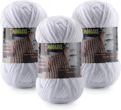 Baby Blanket Yarn for Crocheting - Soft Velvet Fluffy Chenille Yarn for Knitting Amigurumi Making Scarves, Doll - 100g/3.5oz 131 Yards Thick Plush Yarns (3, White)