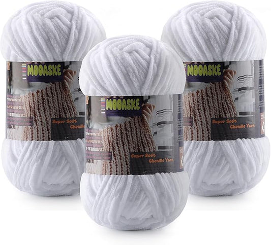 Baby Blanket Yarn for Crocheting - Soft Velvet Fluffy Chenille Yarn for Knitting Amigurumi Making Scarves, Doll - 100g/3.5oz 131 Yards Thick Plush Yarns (3, White)