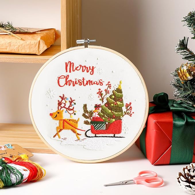 Christmas Embroidery Kits: 1 Pack Cross Stitch Kit for Beginners Adults, DIY Ornaments Craft Kit with All Tools & Instructions, Stamped Hand Embroidery Starter Kit for Holiday Crafts & Xmas Home Decor