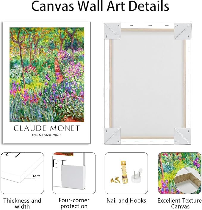 WENGTIAO Claude Monet Canvas Wall Art Prints Monet Iris Garden Landscape Oil Paintings Vintage Impressionist Reproduction Posters Pictures Classic Water Lilies Artwork for Living Room Bedroom 12x16x3