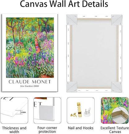 WENGTIAO Claude Monet Canvas Wall Art Prints Monet Iris Garden Landscape Oil Paintings Vintage Impressionist Reproduction Posters Pictures Classic Water Lilies Artwork for Living Room Bedroom 12x16x3