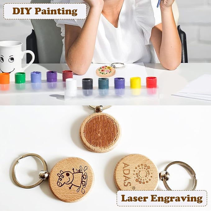 100Pcs Blank Wooden Keychain Set, 1.5 inch Round Engraving Blanks Key Chain Unfinished Key Rings Tag for DIY Crafts Gift Accessories, Pet Tags