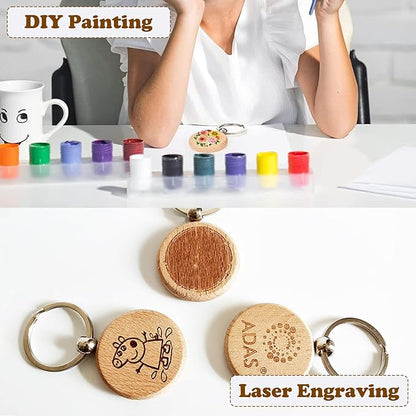 100Pcs Blank Wooden Keychain Set, 1.5 inch Round Engraving Blanks Key Chain Unfinished Key Rings Tag for DIY Crafts Gift Accessories, Pet Tags