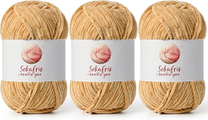 3 Pack Khaki Chunky Chenille Yarn for Crocheting, Bulky Velvet Yarns for Crochet, Baby Yarn for Crocheting Soft Blanket, 393 yds/10.5 oz Fluffy Amigurumi Crochet Yarn