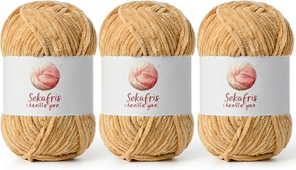3 Pack Khaki Chunky Chenille Yarn for Crocheting, Bulky Velvet Yarns for Crochet, Baby Yarn for Crocheting Soft Blanket, 393 yds/10.5 oz Fluffy Amigurumi Crochet Yarn