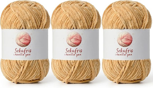 3 Pack Khaki Chunky Chenille Yarn for Crocheting, Bulky Velvet Yarns for Crochet, Baby Yarn for Crocheting Soft Blanket, 393 yds/10.5 oz Fluffy Amigurumi Crochet Yarn