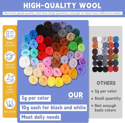 IMZAY 50 Colors Needle Felting Wool, 5g/Pack Wool Roving Yarn, 9.2 Oz Fiber Wool Roving for DIY Hand Spinning, Felting Crafts, Needle Felt Roving DIY Craft, Black/White 10g Each