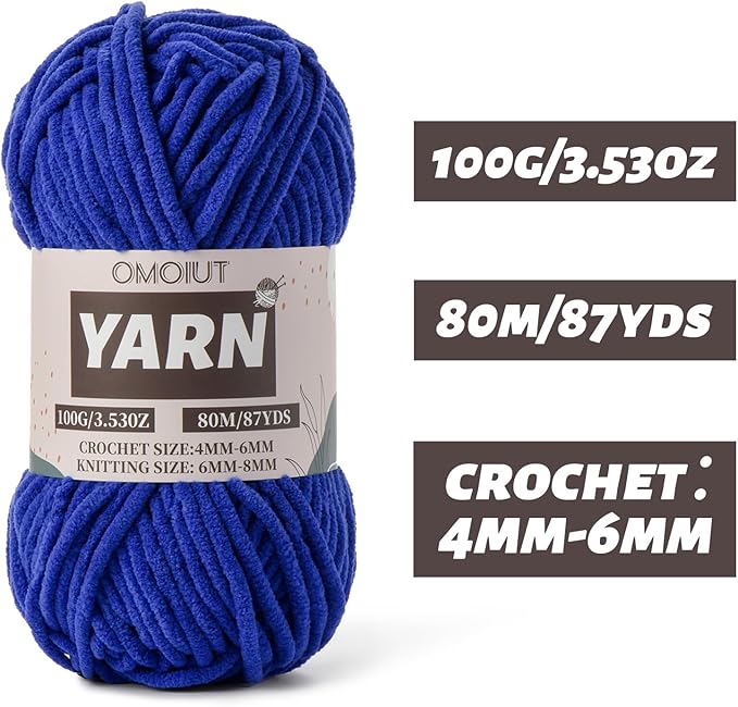 Sapphire Blue Fluffy Chenille Yarn for Crocheting - Baby Yarn for Crocheting Soft Blanket - (100g/87.4yds) Crochet Amigurumi Chunky Yarns - Super Bulky 5 Velvet Yarns