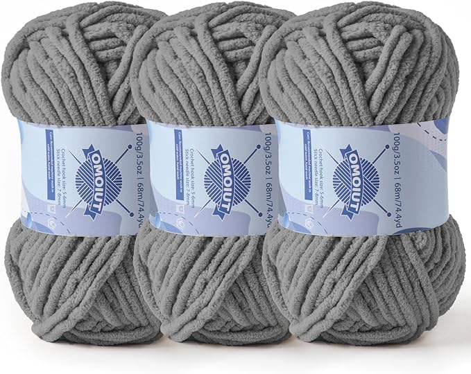 Chunky Chenille Yarn for Crocheting，Baby Yarn for Crocheting Soft Blankets，Bulky Yarns for Crochet Amigurumi，3×100g (3×74.3yds) Fluffy Velvet Yarns for Hand Knitting (3 Dark Gray)