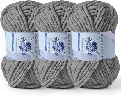 Chunky Chenille Yarn for Crocheting，Baby Yarn for Crocheting Soft Blankets，Bulky Yarns for Crochet Amigurumi，3×100g (3×74.3yds) Fluffy Velvet Yarns for Hand Knitting (3 Dark Gray)